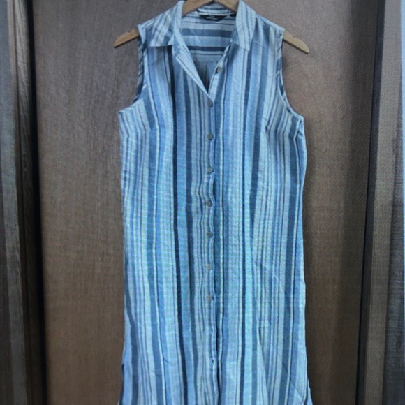 Dresses & Skirts - Sleeveless Button-Front Linen-Blend Striped Maxi Dress - Blue